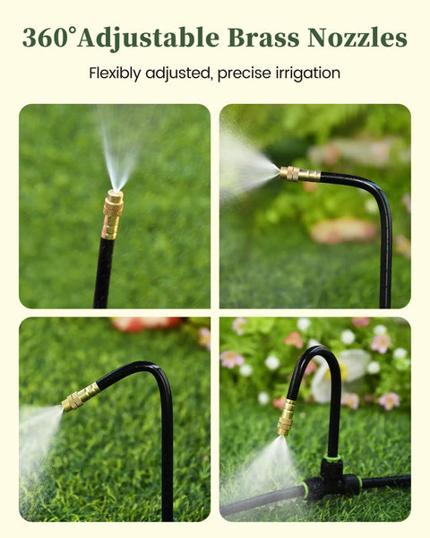 Close-up of 360° adjustable brass nozzles from 50Ft Drip Irrigation System Garden Watering Kit With 15 360 Degree Adjustable Copper Nozzles