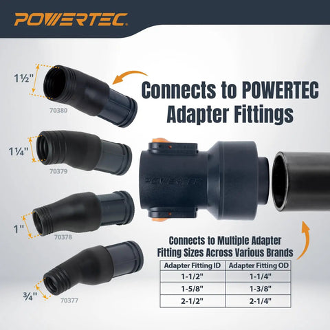 Diagram of dust collection fitting with quick change adapter for shop vacuum hoses, showing universal fit sizes from 1-1/4 to 2-1/2 inches.