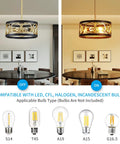 Three Light Modern Pendant Chandelier for dining room, black and gold fixture, shown with compatible bulb types on dining table.