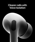 Close-up of AirPods Pro 2 Wireless Earbuds With Next Level Noise Cancellation Hearing Test And Hearing Protection Transparency Mode Personalized Spatial Audio High Fidelity Sound H2 Chip USB C Charging Bluetooth Headphones For Everyday Listening showing ear tip and speaker mesh with text 'Clearer calls with Voice Isolation'.