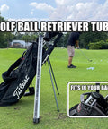 Back Saver Golf Ball Retriever With Easy Press Tube on a golf course with golf bag, fitting comfortably in the side pocket.