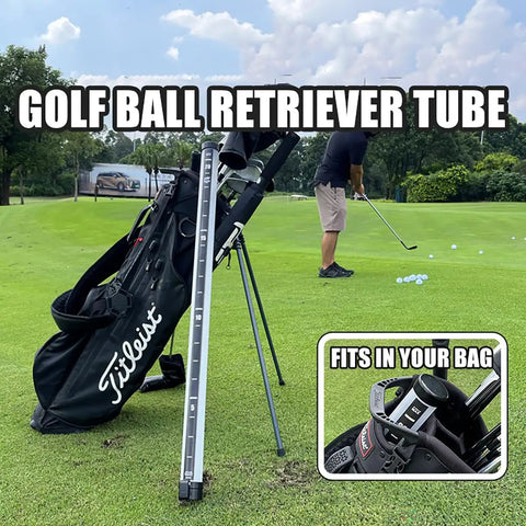 Back Saver Golf Ball Retriever With Easy Press Tube on a golf course with golf bag, fitting comfortably in the side pocket.