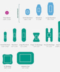 Image of various flex fabric and waterproof bandages with sizes and types labeled, part of portable first aid kit.