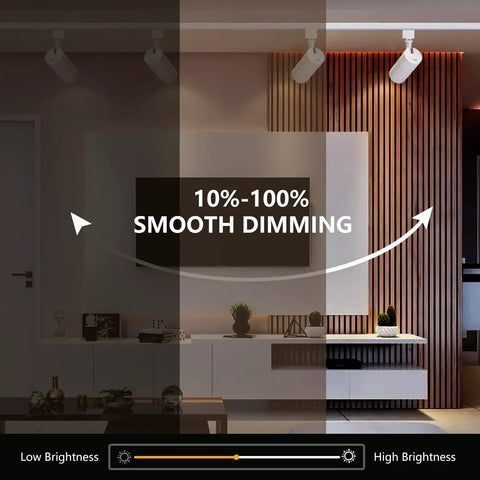 Living room with Three Color Adjustable 10W LED Track Lighting Heads Pack of 4 Dimmable 1000 Lumen Output, dimming feature shown.