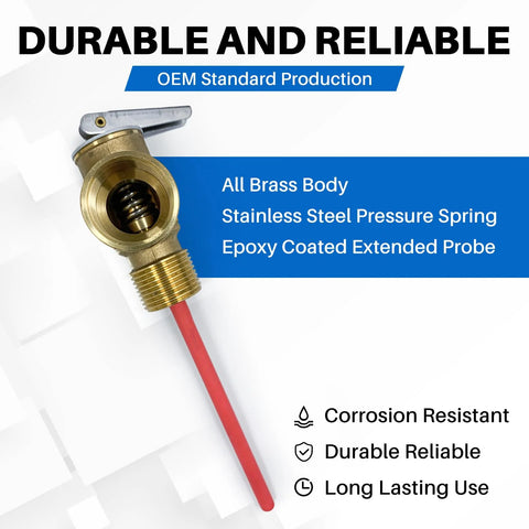 Brass 3/4-inch NPT temperature/pressure relief valve with extended epoxy-coated probe for Suburban RV water heaters