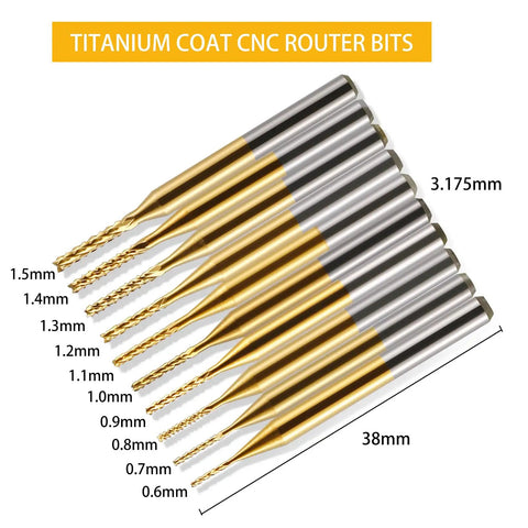 End Mill Sets 10-Piece Titanium Coated 1/8 Inch Shank Micro Engraving Bits CNC Router Bits For Rotary Tools High Precision
