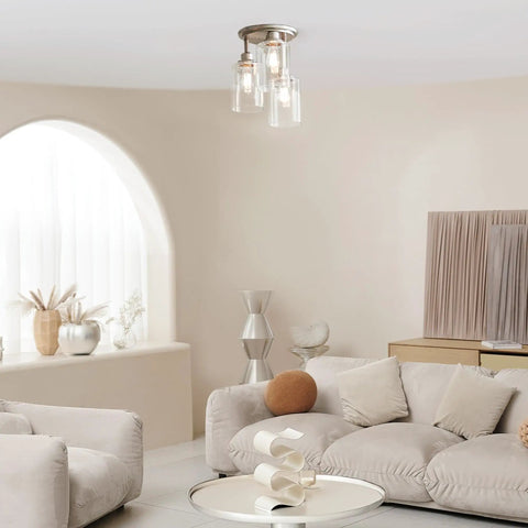 Three Light Semi Flush Mount Ceiling Light With Brushed Steel Finish And Clear Glass Shades E26 Socket Front Porch Lighting