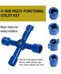 Close-up of a blue 4-way spigot selector for the 17 Inch Water Meter Key With Reinforced Steel T Handle And 4 Way Spigot Selector Pro Grade Garden And Plumbing Tool For Opening And Closing Meters Curb Mains Valves And Quick Turnoffs