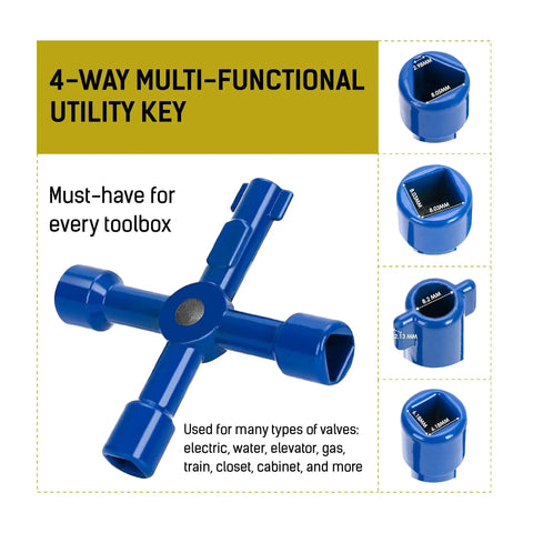 Close-up of a blue 4-way spigot selector for the 17 Inch Water Meter Key With Reinforced Steel T Handle And 4 Way Spigot Selector Pro Grade Garden And Plumbing Tool For Opening And Closing Meters Curb Mains Valves And Quick Turnoffs