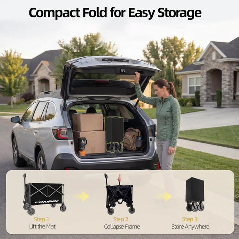 Lightweight Collapsible Wagon Cart For Easy Hauls in car trunk, showing compact foldable utility wagon next to groceries and bags