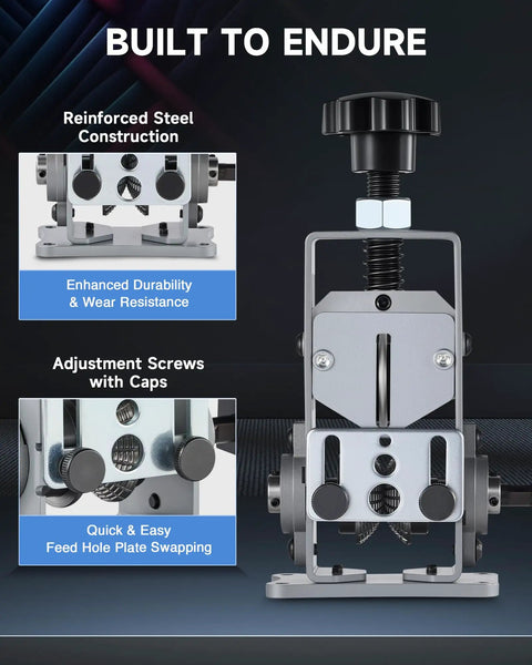 Manual Wire Stripper Machine For Scrap Wire 0.06 To 1 Inch, Drill Compatible Copper Wire Stripping Tool, steel construction, front view.