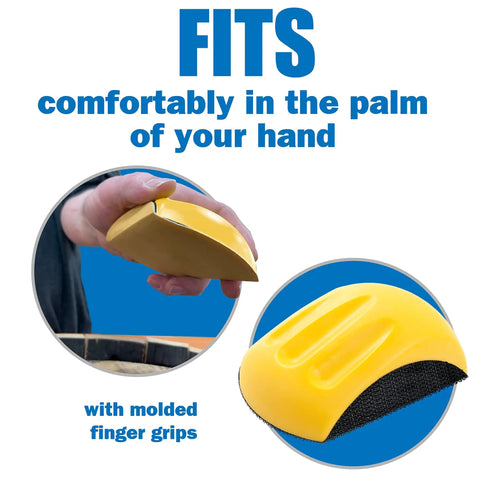 5 Inch Sanding Mouse Block With Hook And Loop Pad for Tight Spaces with ergonomic grip fitting in a hand.