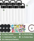 Eight Pack 20oz Dope Sublimation Tumbler Set With Triple Insulated Stainless Steel Bodies, Straw Lids, Shrink Wrap, Rubber Bases, Heat Transfer Tape, And 50 Waterproof DIY Stickers