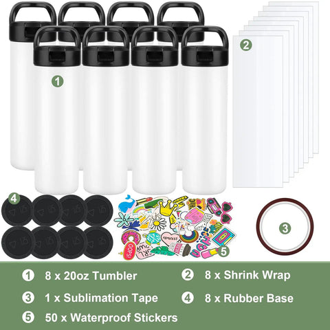 Eight Pack 20oz Dope Sublimation Tumbler Set With Triple Insulated Stainless Steel Bodies, Straw Lids, Shrink Wrap, Rubber Bases, Heat Transfer Tape, And 50 Waterproof DIY Stickers