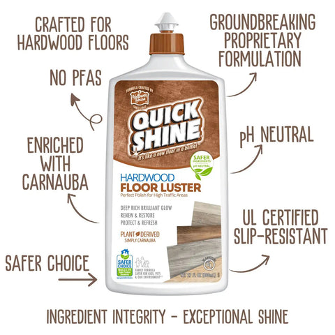 Straight Up Slick Hardwood Floor Polish In A Compact 27 Oz Bottle displaying shiny hardwood floor polish with user benefits.