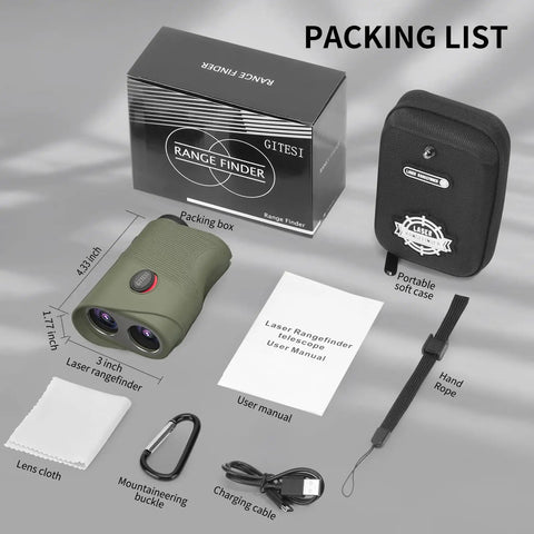 Top Notch Golf And Hunting Rangefinder Up To 1200 Yards With 7x Magnification Slope Switch For Tournament Legal Readings Magnetic Pole Mount Vibration Alerts IPX44 Waterproof Rechargeable Battery Green with case and accessories