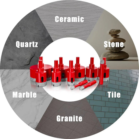Pro Shop Ready Vacuum Brazed Diamond Hole Saw Kit Contains Eleven Heavy Duty Drill Bits For Tile Concrete Masonry Glass Ceramic sizes shown on surfaces.