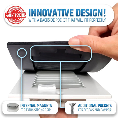Magnetic Vent Covers Three Pack That Will Not Fall Off Upgraded Design For Sealing Floor Wall And Ceiling Registers Fits Five And A Quarter To Six Inch Wide And Eleven And A Quarter To Twelve Inch Long White, showing backside pockets and magnets