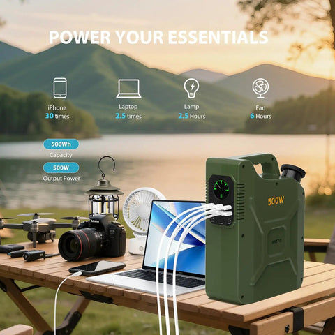 Reliable Portable Power Station 500W featuring LiFePO4 cell powering devices by a lake during outdoor activities.