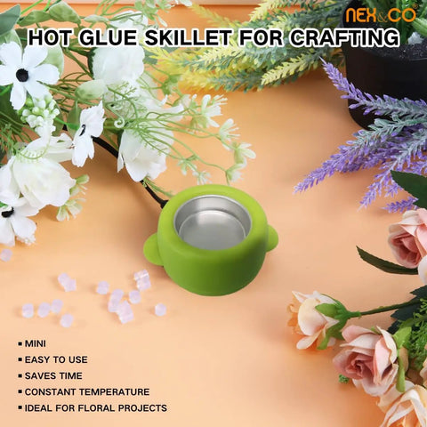Compact Portable 2.5 Inch Mini Electric Hot Glue Pot 35W Fast Heating Up To 380 Fahrenheit For On The Go Small Crafts Beads Floral Arrangements Wreaths Wax Pellets Sticks Dipping Stems And More on a floral background.
