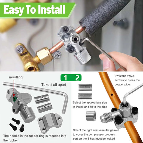 Easy installation of Two Pack Bullet Piercing Valve Kit Zinc Alloy Needle Valve Three In One For Air Conditioners And Fridges Universal Tubing Fits One Quarter Inch Five Sixteenths Inch And Three Eighths Inch HVAC Refrigeration Accessory
