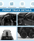 4-image collage showing details of 1/24 Diecast Pickup Truck Toy With Light And Sound, Pull Back Action Metal Truck with open doors, interior, and wheels.