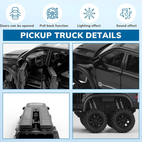 4-image collage showing details of 1/24 Diecast Pickup Truck Toy With Light And Sound, Pull Back Action Metal Truck with open doors, interior, and wheels.