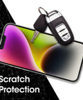 Amplify Glass Antimicrobial Blue Light Screen Protector For IPhone 14 Plus With Flawless Touch Response next to keys