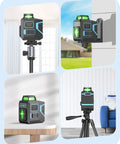 Self Leveling Pro Grade 360 Green Laser Level With 4000mAh Battery mounted and in use indoors and outdoors