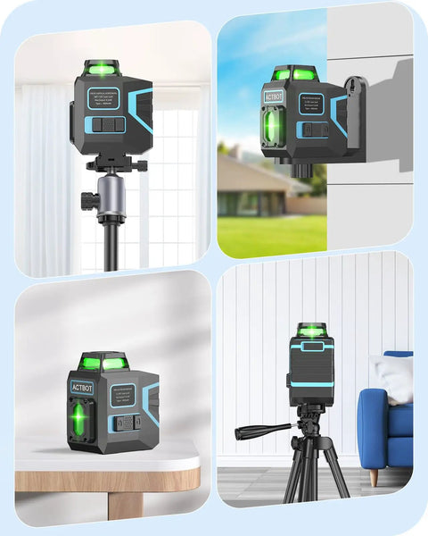 Self Leveling Pro Grade 360 Green Laser Level With 4000mAh Battery mounted and in use indoors and outdoors