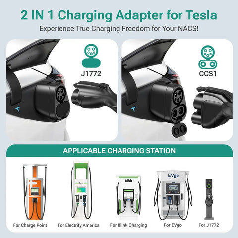 Image displaying Badass CCS1 And J1772 To Tesla Charging Adapter For Model 3 Y S X Cybertruck connected to J1772 and CCS1 charging stations.