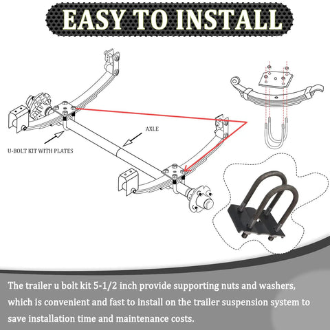 Illustration of Trailer U Bolt Kit For 2-3/8 Inch Round Axle 3500 Lb Capacity with installation guide and components.
