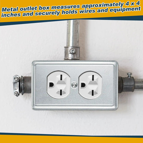 4 Pack Metal Electrical Box Covers 4x2 Inch Rectangular Receptacle Covers For Exposed Outlets Heavy Duty Galvanized Steel Duplex Junction Caps Durable Wall Box Covers installed on wall