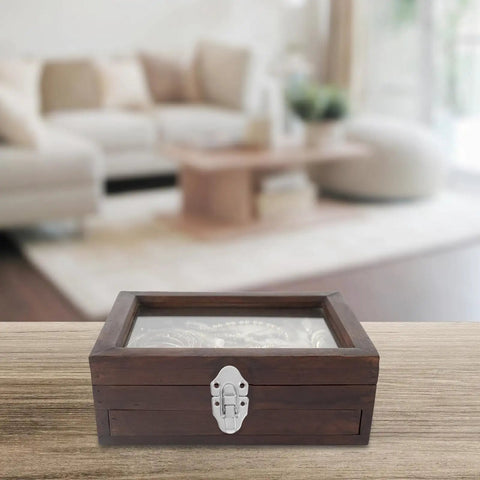 Wooden box with Vintage Metal Toolbox Lock Hasp Latch Set on table, small cabinet lock for jewelry boxes, retro style.