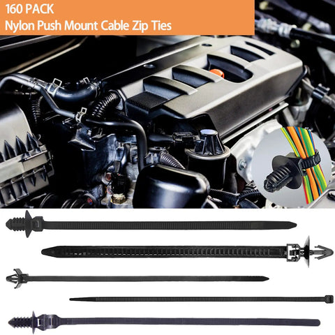 Heavy Duty Nylon Push Mount Cable Zip Ties Kit Workhorse Self Locking Design UV Resistant 160 Pcs in 5 sizes for engine wiring