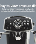 Slide And Lock Espresso Machine With Built In Milk Frother Steam Wand 15 Bar Pump compact coffee maker pressure dial for optimal brewing.