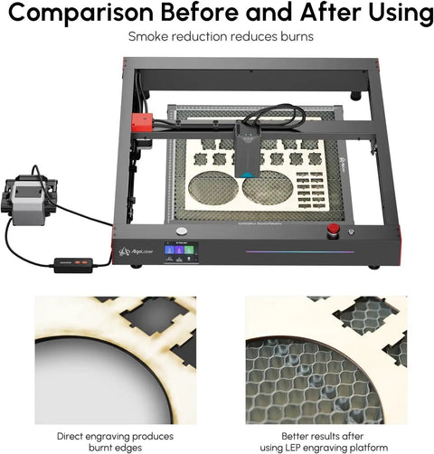 Aluminum Honeycomb Laser Bed 450x450mm for Laser Engravers And Cutters, showing before and after results with stable honeycomb panel.