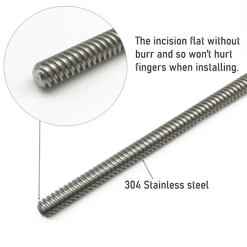 Close-up of Two Pack 150Mm TR8x8 Lead Screws with smooth incision, made of 304 stainless steel for Z axis 3D printers and CNC machines.