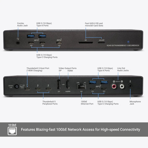 Heavy Duty Thunderbolt 5 Dock With 10Gb Ethernet, three Thunderbolt 5 ports, USB and HDMI outputs visible from the back.