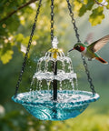 Solar Cascade Hanging Bird Bath Fountain With Auto Pump attracting hummingbird in garden setting