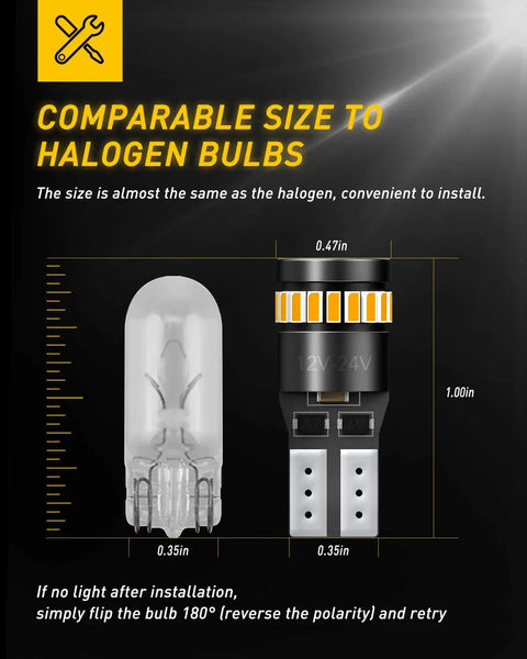 Size comparison of Amber Yellow 194 LED Wedge Light Kit, 12V 2W Per Bulb, and halogen bulb, showing dimensions and instructions.