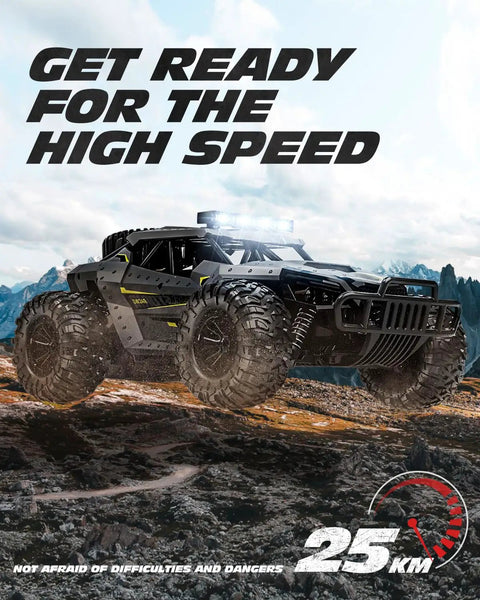 Beast 2WD RC Monster Truck With 2.4Ghz Remote Over 20 KMH Speed Dual LED Headlights on rocky terrain outdoors