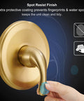 Premium Heavy Duty Brushed Gold Shower Tub Faucet Set With Complete Valve And Six Inch Rain Shower Head showing faucet handle with spot resist finish.