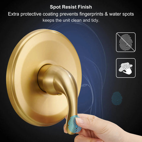 Premium Heavy Duty Brushed Gold Shower Tub Faucet Set With Complete Valve And Six Inch Rain Shower Head showing faucet handle with spot resist finish.