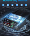 110W 8 Port USB Charging Station Fast Charge Hub For Phones Tablets Drones And More Compatible With iPhone Android Galaxy iPad And Speakers At Home Office Or On The Go with glowing safety protection icons and screen display.