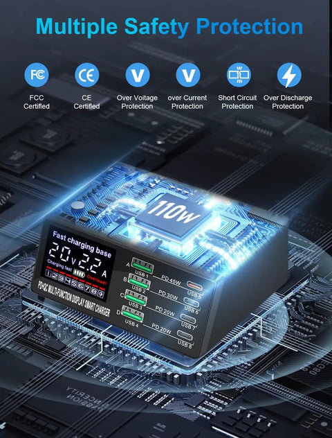 110W 8 Port USB Charging Station Fast Charge Hub For Phones Tablets Drones And More Compatible With iPhone Android Galaxy iPad And Speakers At Home Office Or On The Go with glowing safety protection icons and screen display.
