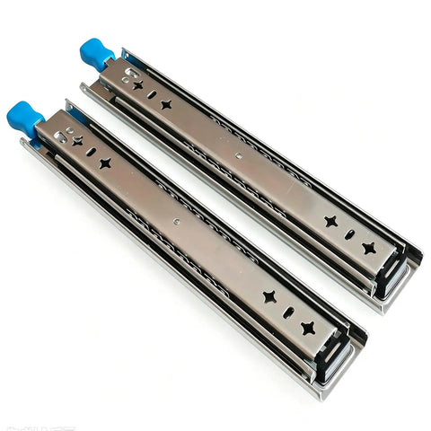 Bullet Proof Full Extension Drawer Slides Featuring Slick Ball Bearing Glide And Side Mount Fit For Tool Boxes Camper Vans Plus Workshop Storage Holding 250 Pounds On A 52 Inch Long Run, steel drawer slides with blue handles.