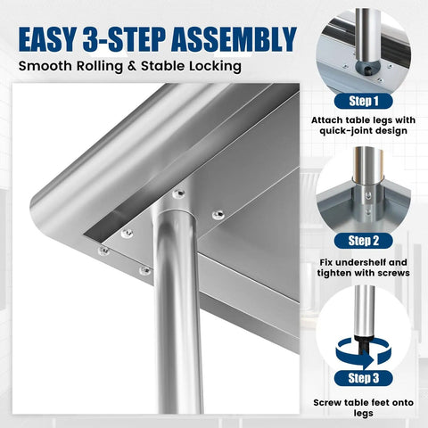 Heavy Duty Stainless Steel Work Table 24 By 36 Inch With Adjustable Undershelf Chef Grade Prep Table for easy 3-step assembly
