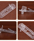 Transparent Shelf Clips Set For Cabinets And Bookshelves With Locking Pegs displayed on a wooden surface
