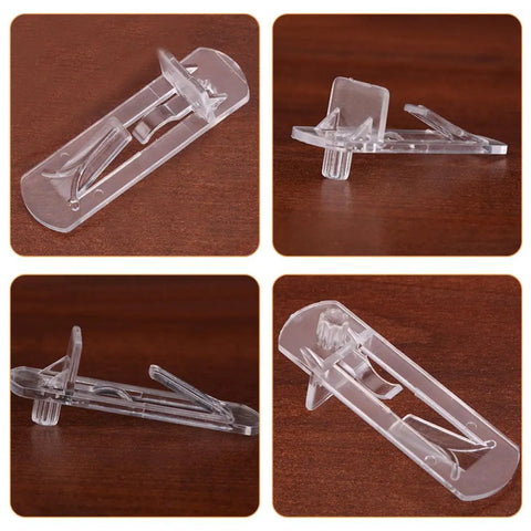 Transparent Shelf Clips Set For Cabinets And Bookshelves With Locking Pegs displayed on a wooden surface